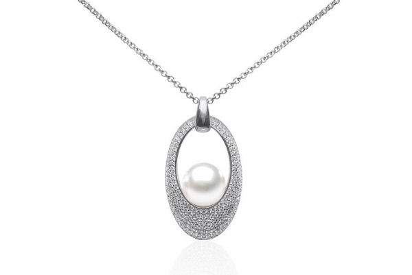 Silberkette mit Schmuckanhänger Zirkonia & Perle weiß rund 10-11 mm, 925er Silber, 41 cm, Gaura Pearls, Estland